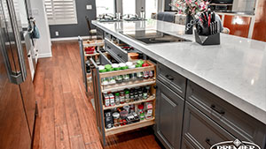 Space Saving Cavinetry for Spice Racks in Transitional Gray Kitchen