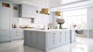 Modern classic white kitchen. Large island with marble top, dining table with armchairs, marble floor, luxurious chandelier, gilded details.