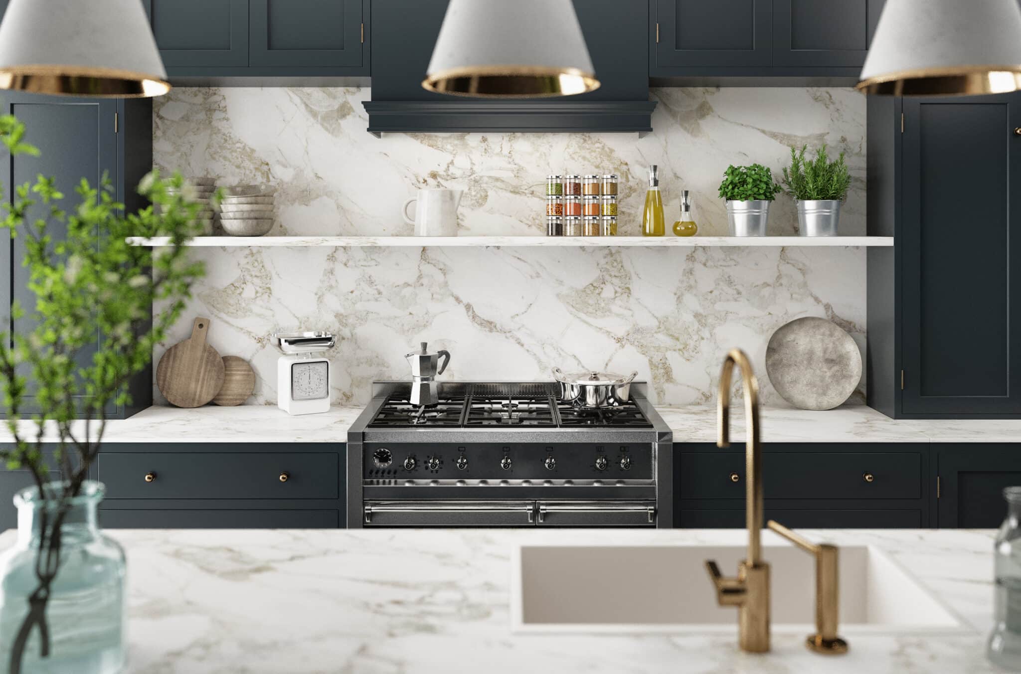 Remodeled kitchen with black cabinets and white marble countertops and backsplash.